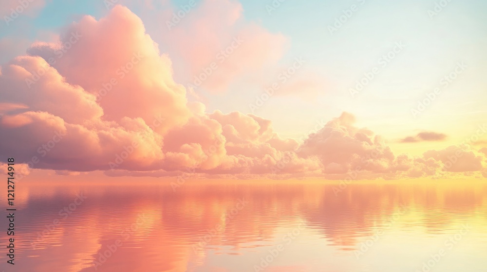 Poster serene sunset reflection on water with colorful clouds creating a tranquil nature scene in soft gold