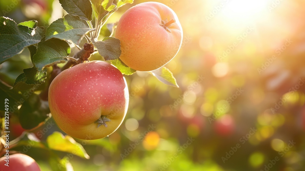 Aufkleber apples ripe on tree branches illuminated by warm sunlight in a lush orchard ambiance during late aft
