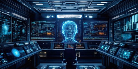 Obraz premium A cyberpunk AI system with glowing data streams, holographic interfaces, and advanced machine learning algorithms, set in a sleek, high-tech lab.