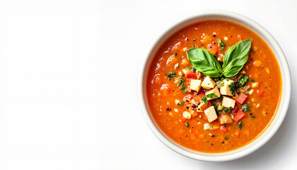 Obraz premium Delicious tomato basil soup with garnish on minimalist background, comfort food