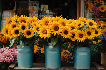 Vibrant sunflowers in colorful buckets brighten up a quaint flower shop