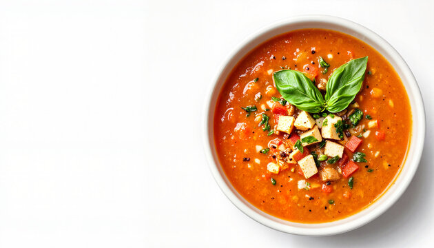 Delicious tomato basil soup with garnish on minimalist background, comfort food