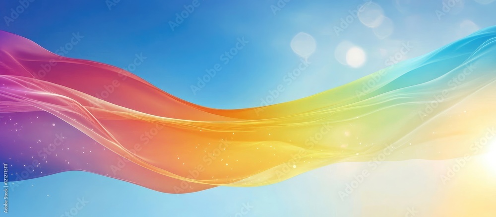Poster Vibrant rainbow flag gracefully waving against a clear blue sky with soft bokeh highlights creating an uplifting and colorful backdrop.