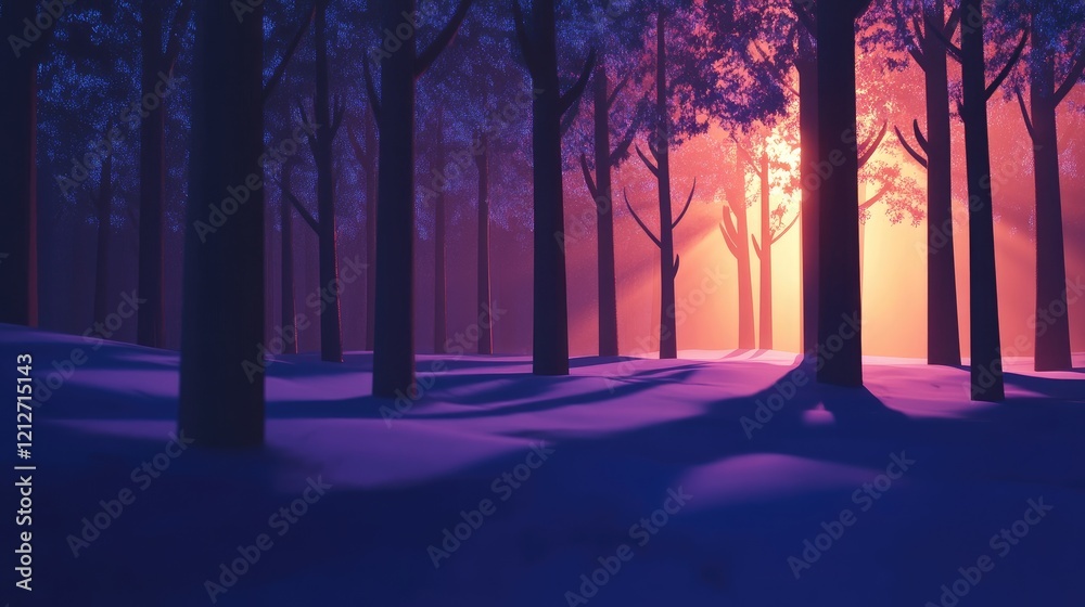 Poster Twilight Forest Scene with Soft Shadows and Enigmatic Glow from the Setting Sun Through the Trees in a Calming Winter Landscape