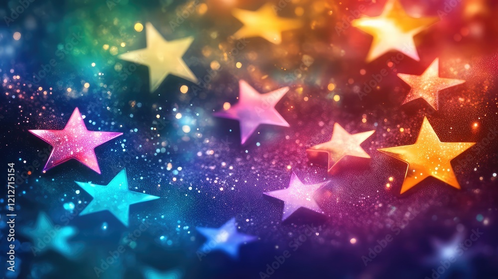 Poster Colorful cosmic background with vibrant multicolored stars and glowing blurred lights creating an enchanting celestial atmosphere.