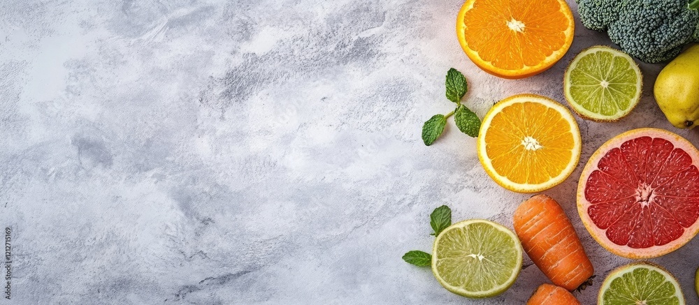 Aufkleber vibrant assortment of fresh oranges limes grapefruits and carrots on a textured gray background prom