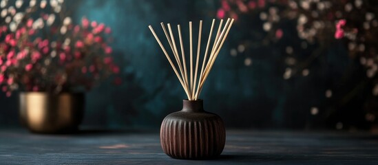 Elegant aroma diffuser with sticks on rustic wooden stand creating a serene ambiance against a dark background ideal for relaxation settings