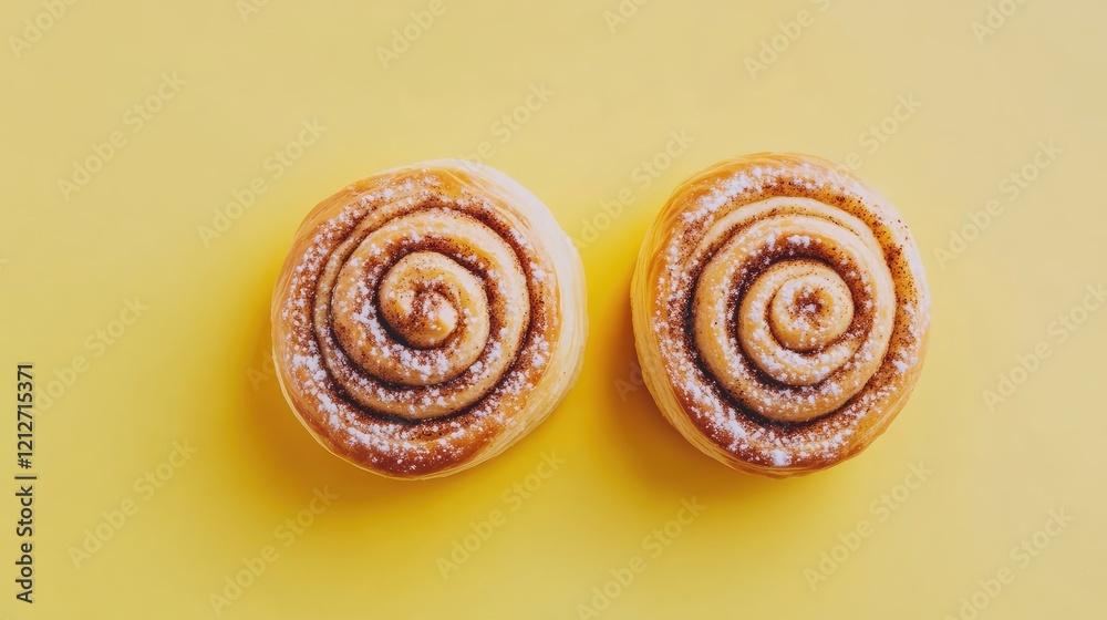 Poster delicious cinnamon rolls on bright yellow tabletop arranged symmetrically with icing sugar dusting a