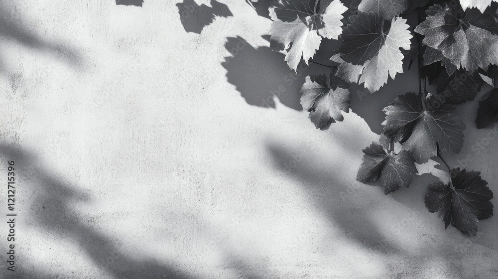 Poster Abstract gray shadows of grape leaves on a textured wall background creating a serene neutral nature concept with space for text.