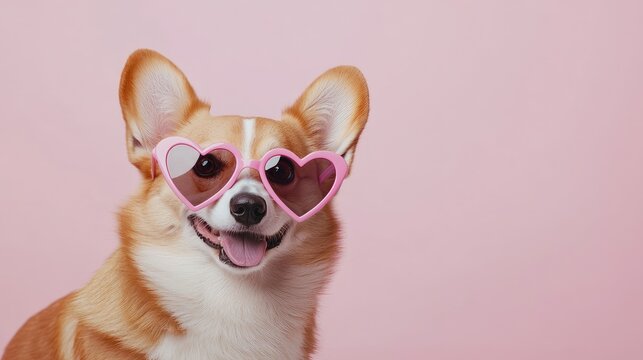 A cheerful Corgi dog wearing pink heart-shaped sunglasses against a pastel pink background. Perfect for Valentine's Day promotions, pet-themed designs, and playful social media posts