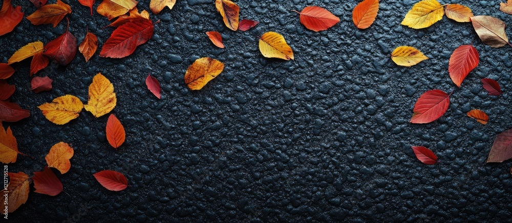 Aufkleber Colorful autumn foliage scattered on dark asphalt surface creating a serene natural backdrop with ample negative space for text.