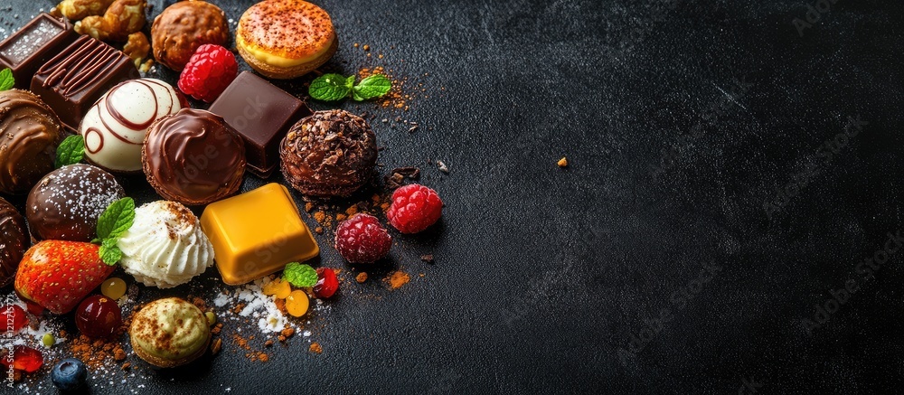 Poster Assortment of colorful gourmet chocolates and sweets on a textured dark surface with ample space for creative text placement.