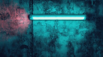 Turquoise neon light against textured wall creating a vibrant banner effect in atmospheric nighttime setting