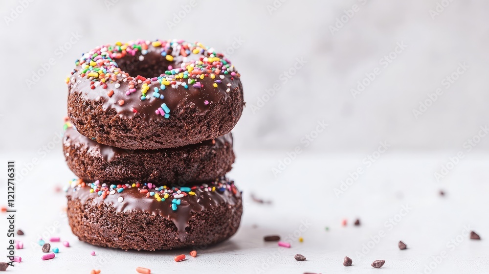 Poster Stack of three chocolate donuts with colorful rainbow sprinkles on light grey background featuring ample copy space for design elements.