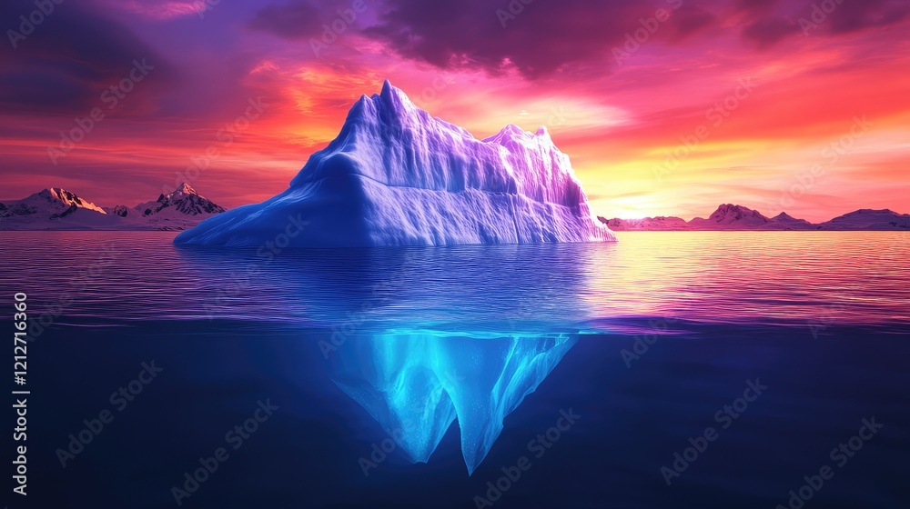 Poster majestic iceberg illuminated by vibrant aurora over serene ocean waters at twilight with colorful sk