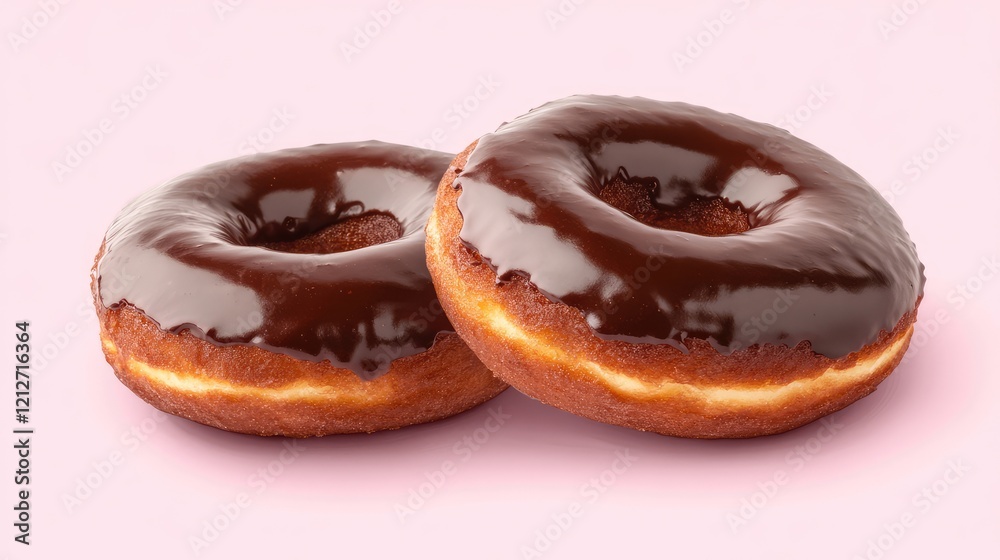 Poster delicious chocolate glazed doughnuts resting together on a soft pink background highlighting their g