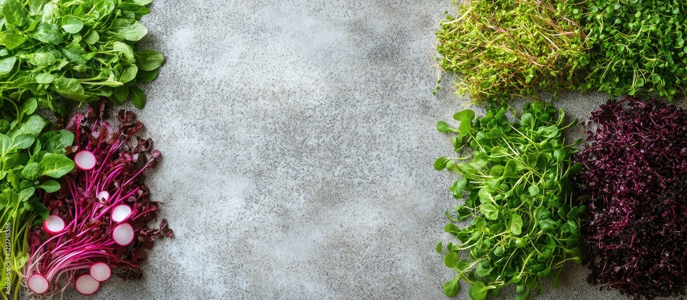 Aufkleber vibrant assortment of fresh microgreens including radish greens, basil, and amaranth on grey stone c