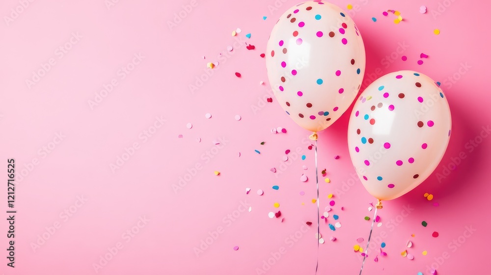 Poster two festive balloons with colorful confetti on a vibrant pink background ideal for celebrations and 