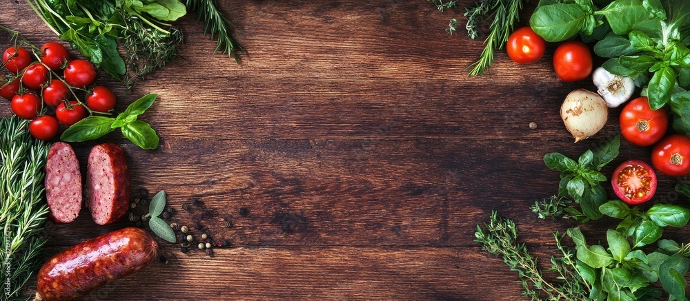 Poster vibrant assortment of fresh raw sausages and colorful herbs elegantly arranged on dark wooden table 