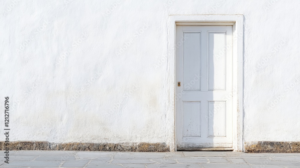 Poster isolated vertical white door against plain white wall background for architecture and interior desig