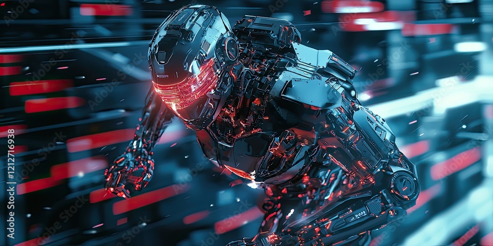 Aufkleber a cyberpunk robot in motion, with glowing circuits, mechanical limbs, and advanced ai, set against a