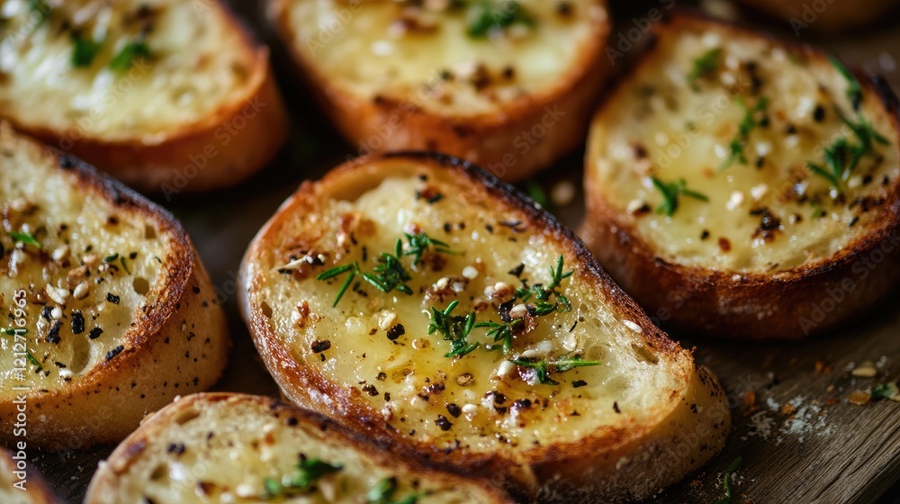 Poster toasted bread slices with herbs and spices arranged neatly on a wooden surface ready for serving or 