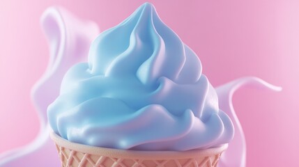 Stylized blue ice cream swirl in waffle cone with pastel pink background Ideal for evening party themes and dessert promotions