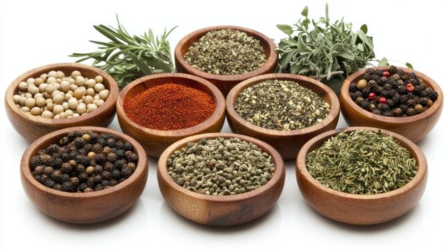 Colorful array of spices and herbs in wooden bowls with fresh green ingredients on a white background showcasing culinary diversity and rich textures.