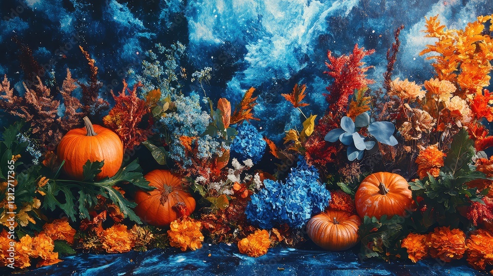 Poster autumn floral display in bold cerulean and tangerine color palette with pumpkins and botanical eleme