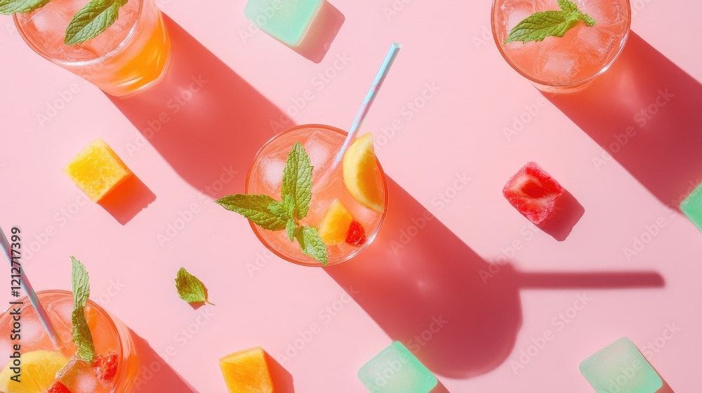 Poster refreshing summer drinks featuring colorful cocktails and ice cubes on a pink backdrop with mint lea