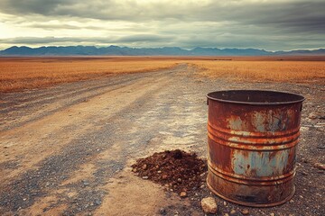 Obraz premium Rustic Metal Barrel on Dusty Roadside in Wide Open Landscape Under Dramatic Cloudy Sky with Distant Mountains and Fields in Autumn Light
