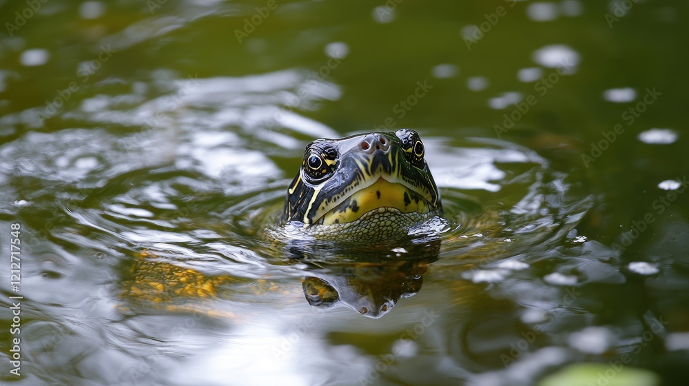 Aufkleber turtle emerges from underwater surface in tranquil pond setting with reflections and gentle ripples
