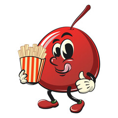 Cute red cherry fruit vektor illustration mascot character brought a box of french fries, work of hand drawn