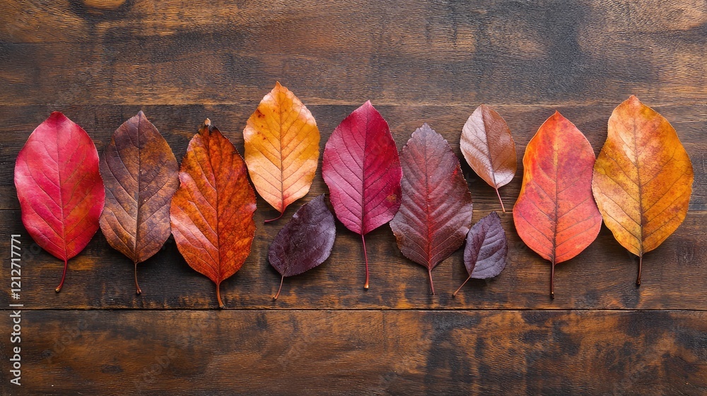 Poster colorful autumn leaves arranged in a linear display on a rustic wooden background highlighting seaso