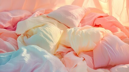A glowing photo of curated bedding styled with soft textures and pastel tones. picture