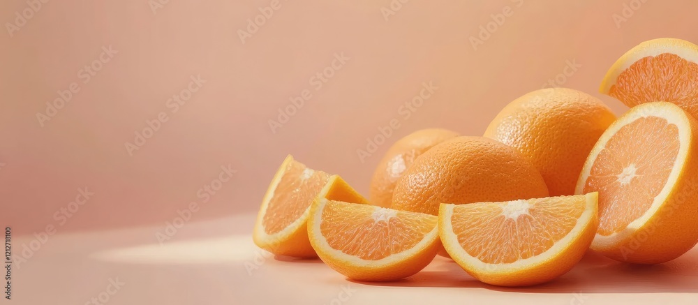 Poster vibrant assortment of fresh oranges including whole fruits and a variety of slices displayed on a so