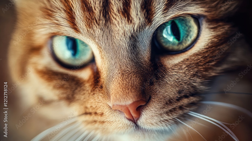 Poster striking close-up of a vibrant cat showcasing its unique fur patterns and captivating blue-green eye
