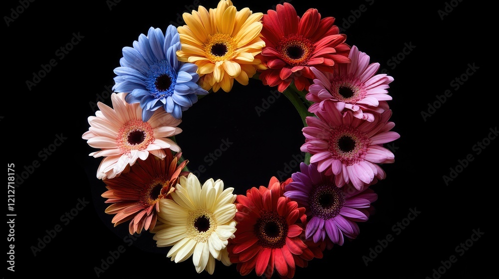 Poster vibrant circular arrangement of assorted gerbera flowers on a black background showcasing color and 