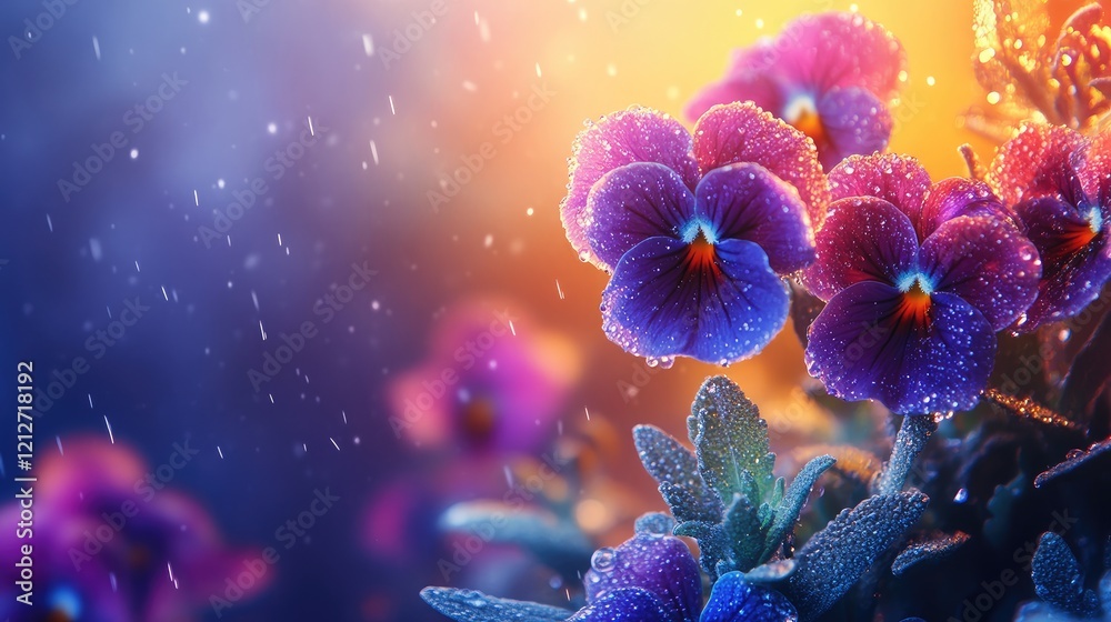 Aufkleber vibrant pansies with raindrops in colorful garden setting perfect for nature themes and copy space u