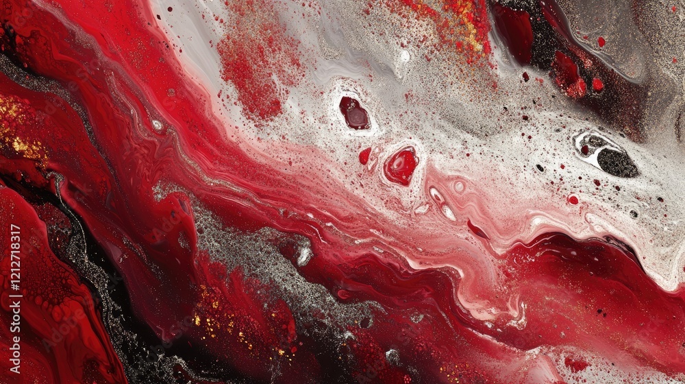 Poster dynamic abstract art piece featuring swirling patterns in deep red, silver, and black, perfect for m