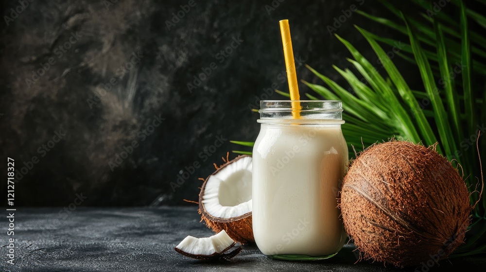 Poster fresh coconut milk in a mason jar with yellow straw surrounded by whole and halved coconuts on a dar