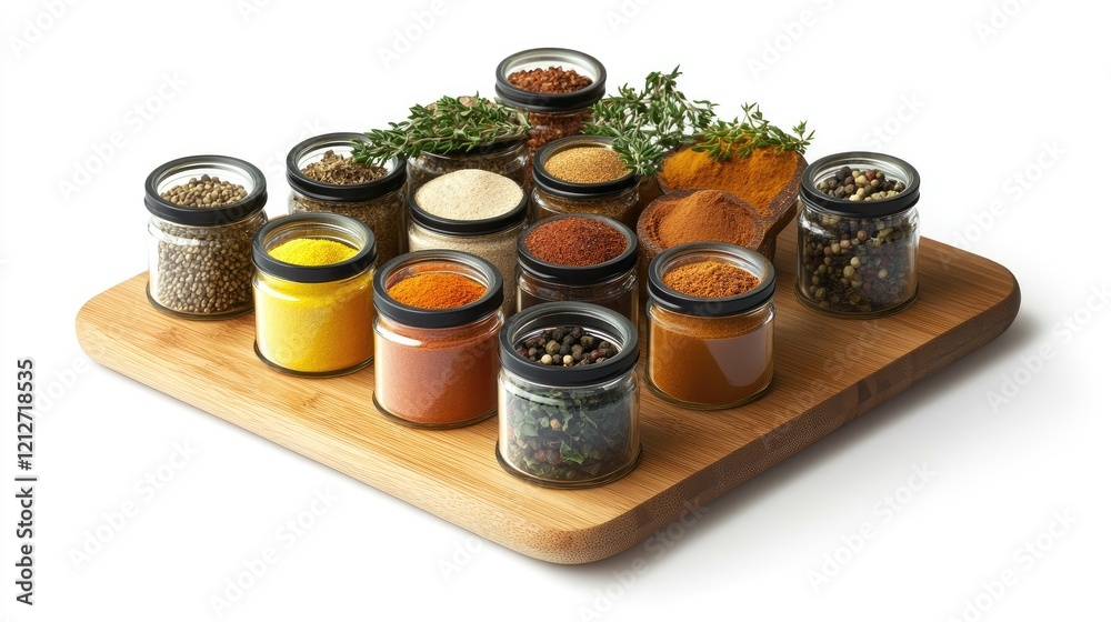 Poster twelve vibrant jars of spices arranged on a wooden board showcasing various flavors and colors in a 