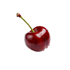 Ruby Red Cherry: A close-up shot of a single, glistening cherry with a vibrant ruby-red hue and a fresh green stem, embodying the essence of sweetness and summer freshness.