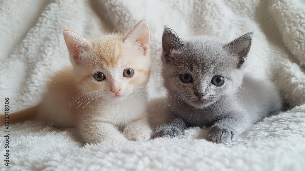 Aufkleber two playful kittens one ginger and one gray resting on a soft white blanket together looking adorabl