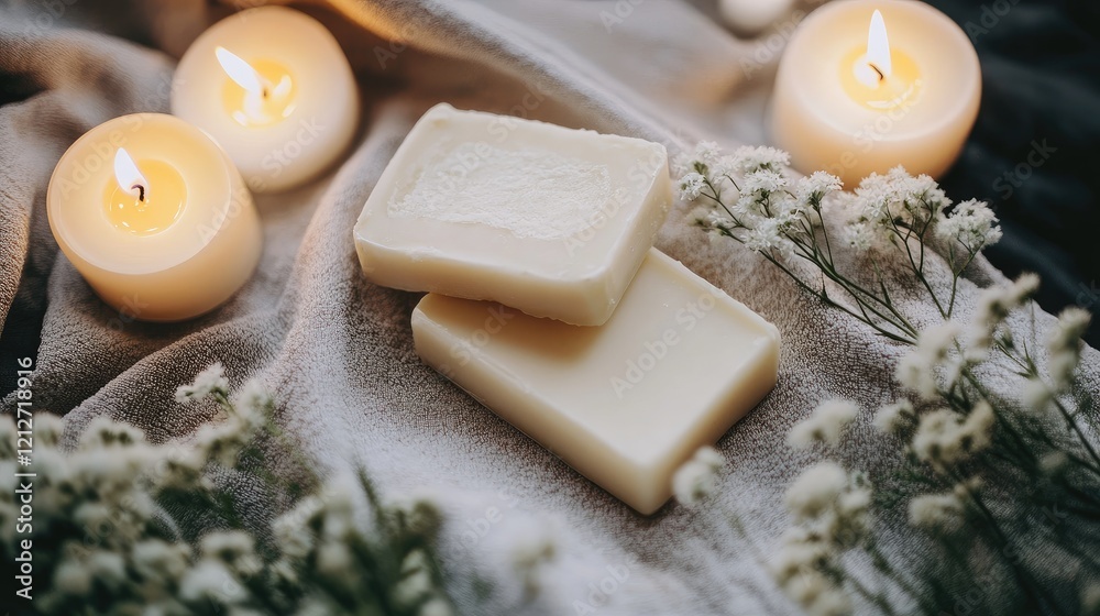 Poster serene spa setting with two bars of soap on a towel surrounded by candles and delicate flowers for r