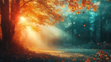 Vibrant autumn landscape with golden sunlight filtering through trees in a colorful forest with orange and red leaves in a tranquil atmosphere