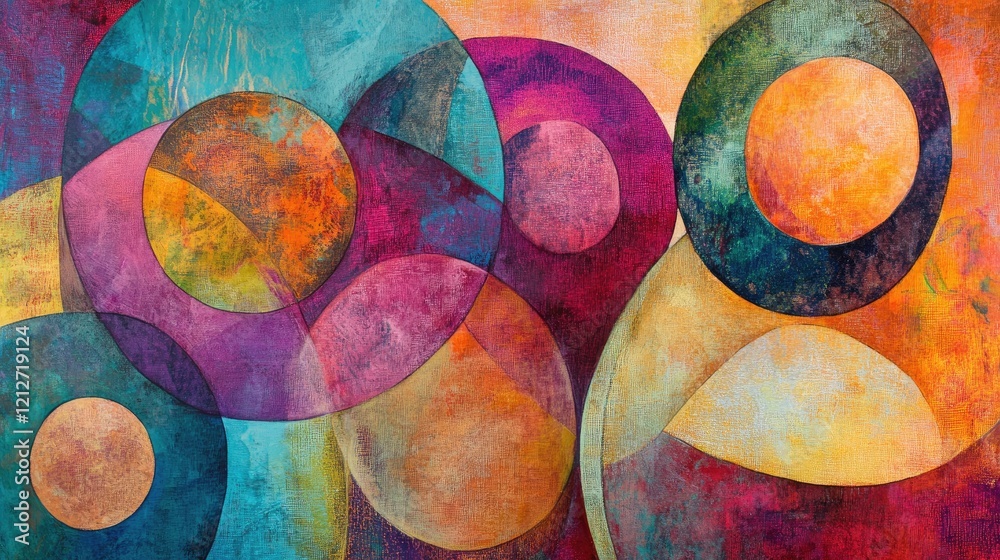 Leinwandbilder Colorful abstract composition with overlapping circles and organic forms creating a dynamic visual experience in vibrant hues