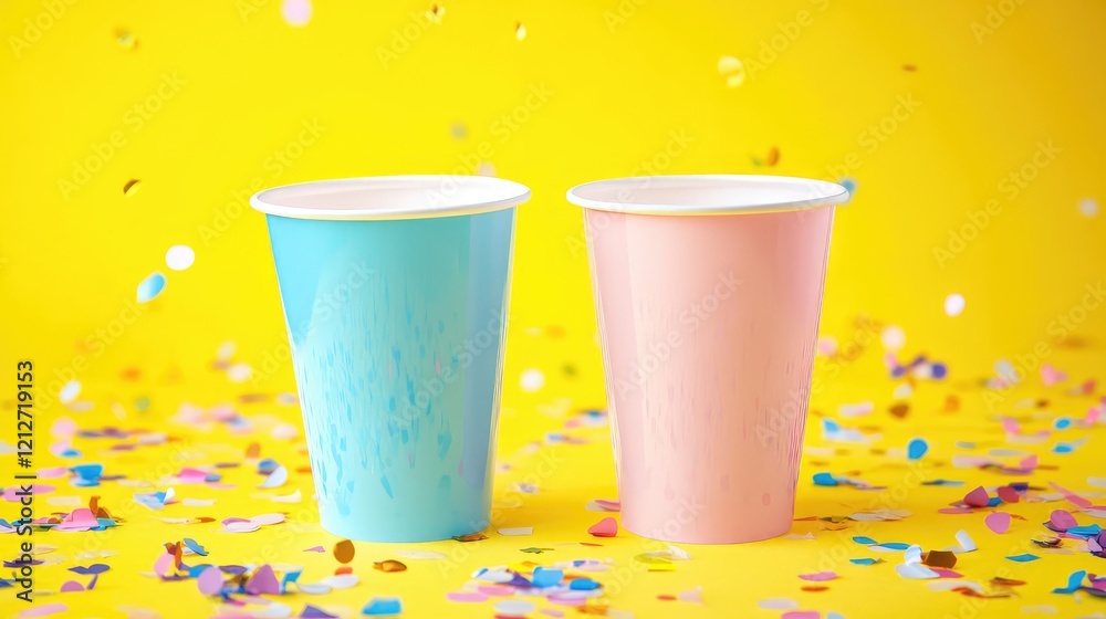 Poster colorful party cups in turquoise and pink on vibrant yellow background surrounded by confetti with b