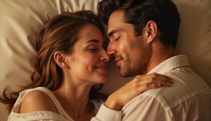 Ear whispering love Loving couple cuddling in bed during a cozy morning at home