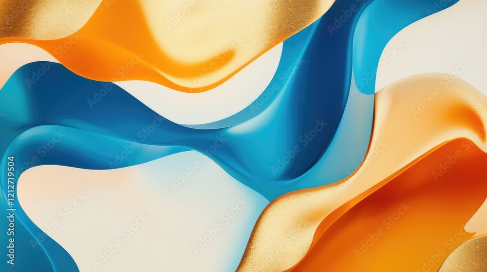 Poster abstract fluid shapes in vibrant blue gold and orange tones creating a dynamic and modern artistic b